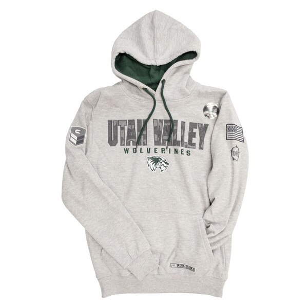 grey hoodie with green interior hood “Utah Valley” block letters with grey camo pattern inside green Wolverines underneath a mascot logo below that a USA flag patch in grey on the left sleeve
